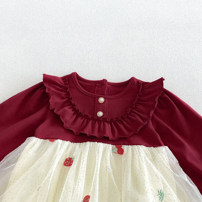 Baby Girls Long Sleeves Fruits Embroidered Pattern Tulle Bodysuit Dress