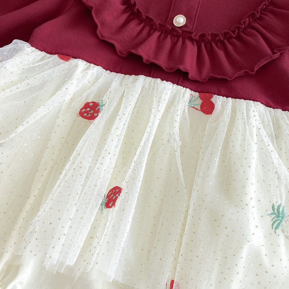 Baby Girls Long Sleeves Fruits Embroidered Pattern Tulle Bodysuit Dress