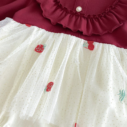Baby Girls Long Sleeves Fruits Embroidered Pattern Tulle Bodysuit Dress