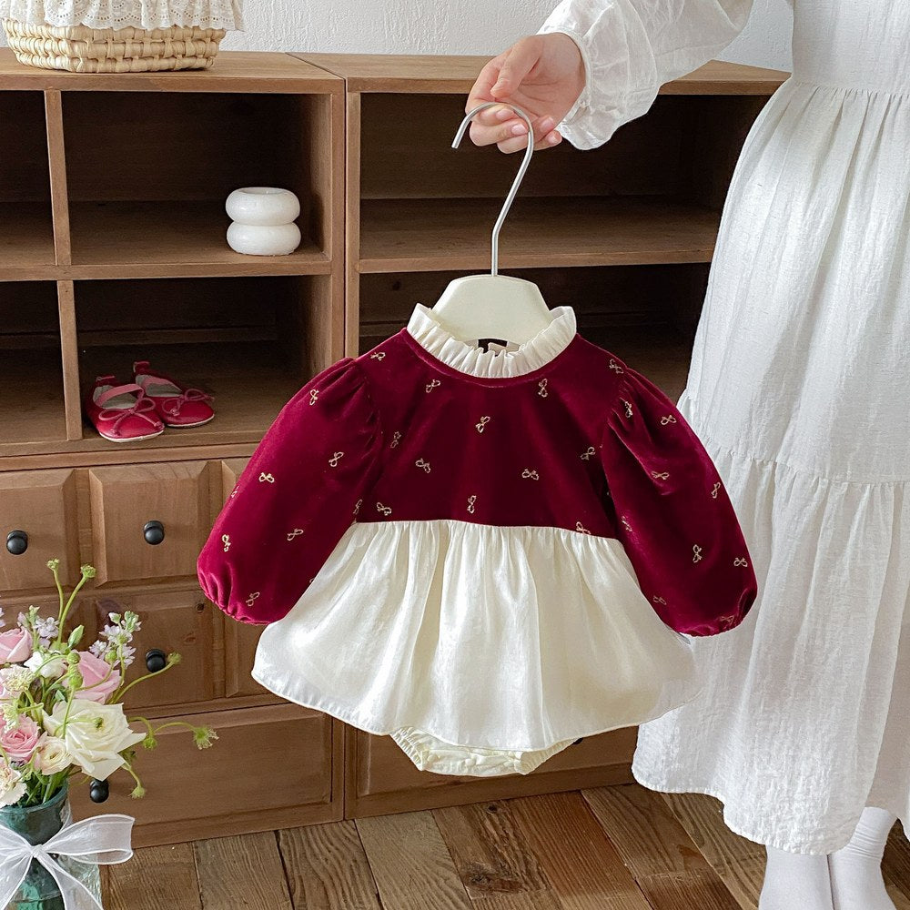 Baby Girls Long Sleeves Butterfly-bows Embroidered Pattern Color Patchwork Bodysuit Dress