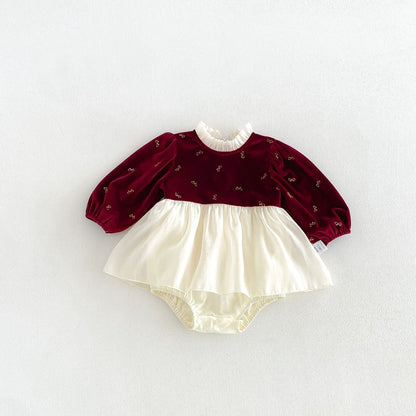 Baby Girls Long Sleeves Butterfly-bows Embroidered Pattern Color Patchwork Bodysuit Dress