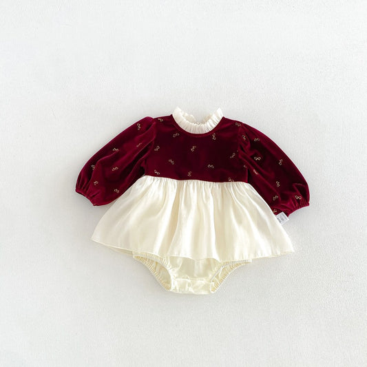 Baby Girls Long Sleeves Butterfly-bows Embroidered Pattern Color Patchwork Bodysuit Dress