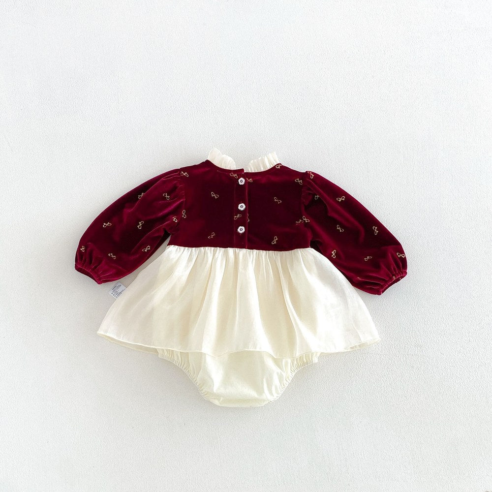 Baby Girls Long Sleeves Butterfly-bows Embroidered Pattern Color Patchwork Bodysuit Dress