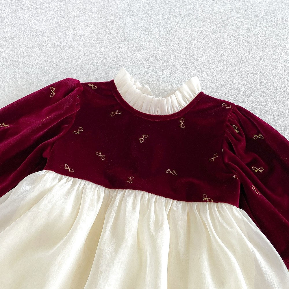Baby Girls Long Sleeves Butterfly-bows Embroidered Pattern Color Patchwork Bodysuit Dress