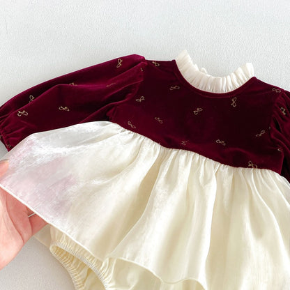 Baby Girls Long Sleeves Butterfly-bows Embroidered Pattern Color Patchwork Bodysuit Dress