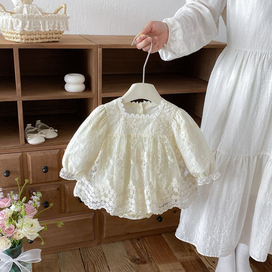 Baby Girls Long Sleeves Flowers Embroidered Pattern Lace Trim Bodysuit Dress