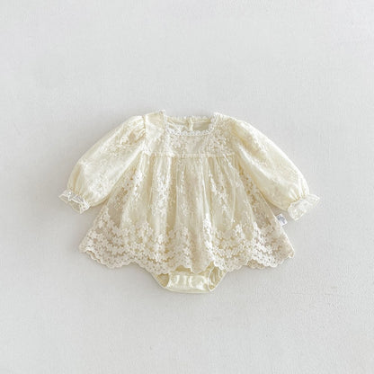 Baby Girls Long Sleeves Flowers Embroidered Pattern Lace Trim Bodysuit Dress