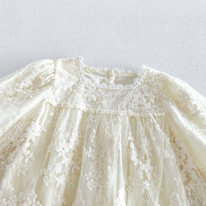Baby Girls Long Sleeves Flowers Embroidered Pattern Lace Trim Bodysuit Dress