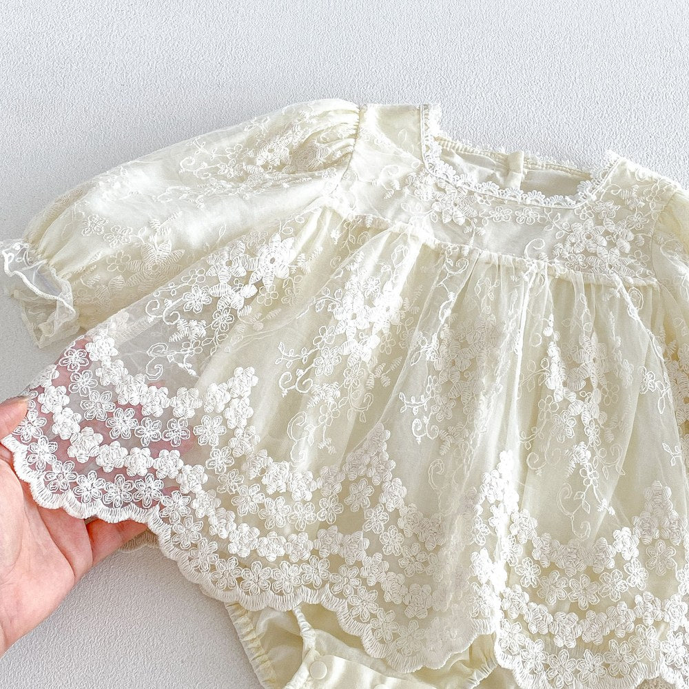 Baby Girls Long Sleeves Flowers Embroidered Pattern Lace Trim Bodysuit Dress