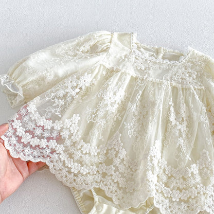 Baby Girls Long Sleeves Flowers Embroidered Pattern Lace Trim Bodysuit Dress