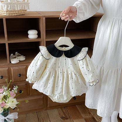 Baby Girls Long Sleeves Dots Pattern Peter Pan Collar Bodysuit Dress