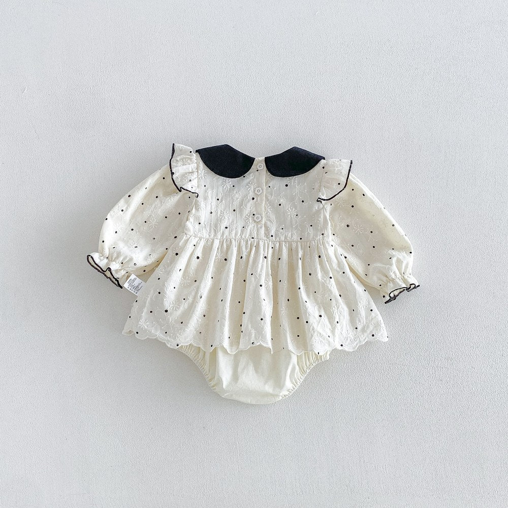 Baby Girls Long Sleeves Dots Pattern Peter Pan Collar Bodysuit Dress