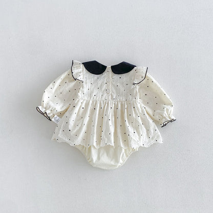 Baby Girls Long Sleeves Dots Pattern Peter Pan Collar Bodysuit Dress