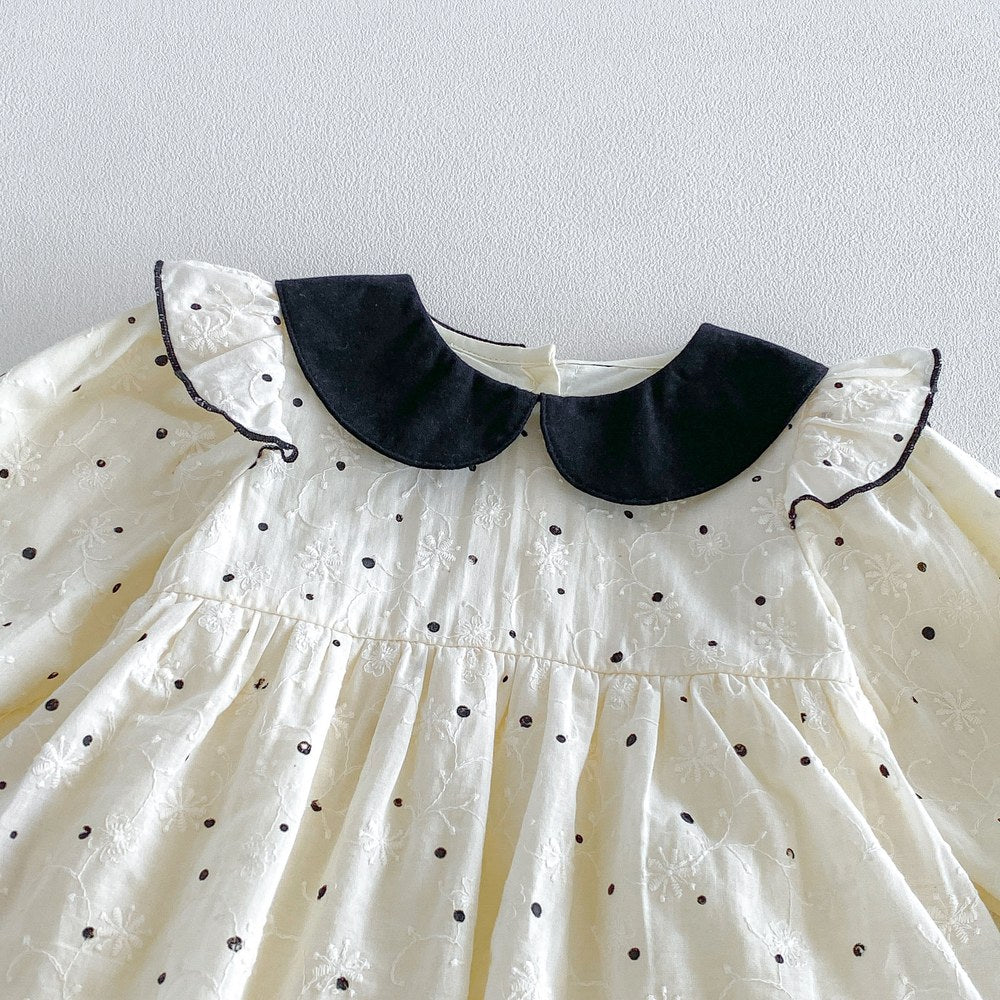 Baby Girls Long Sleeves Dots Pattern Peter Pan Collar Bodysuit Dress