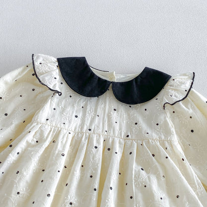 Baby Girls Long Sleeves Dots Pattern Peter Pan Collar Bodysuit Dress