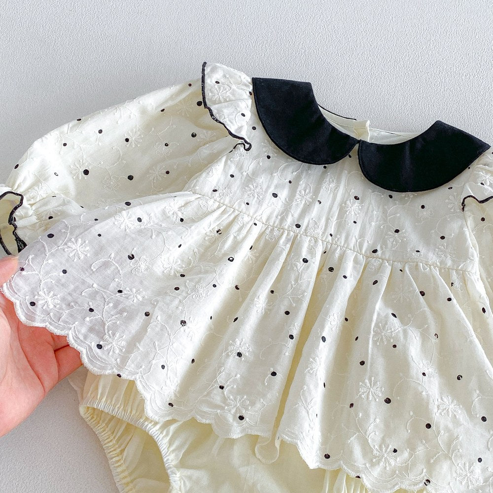 Baby Girls Long Sleeves Dots Pattern Peter Pan Collar Bodysuit Dress