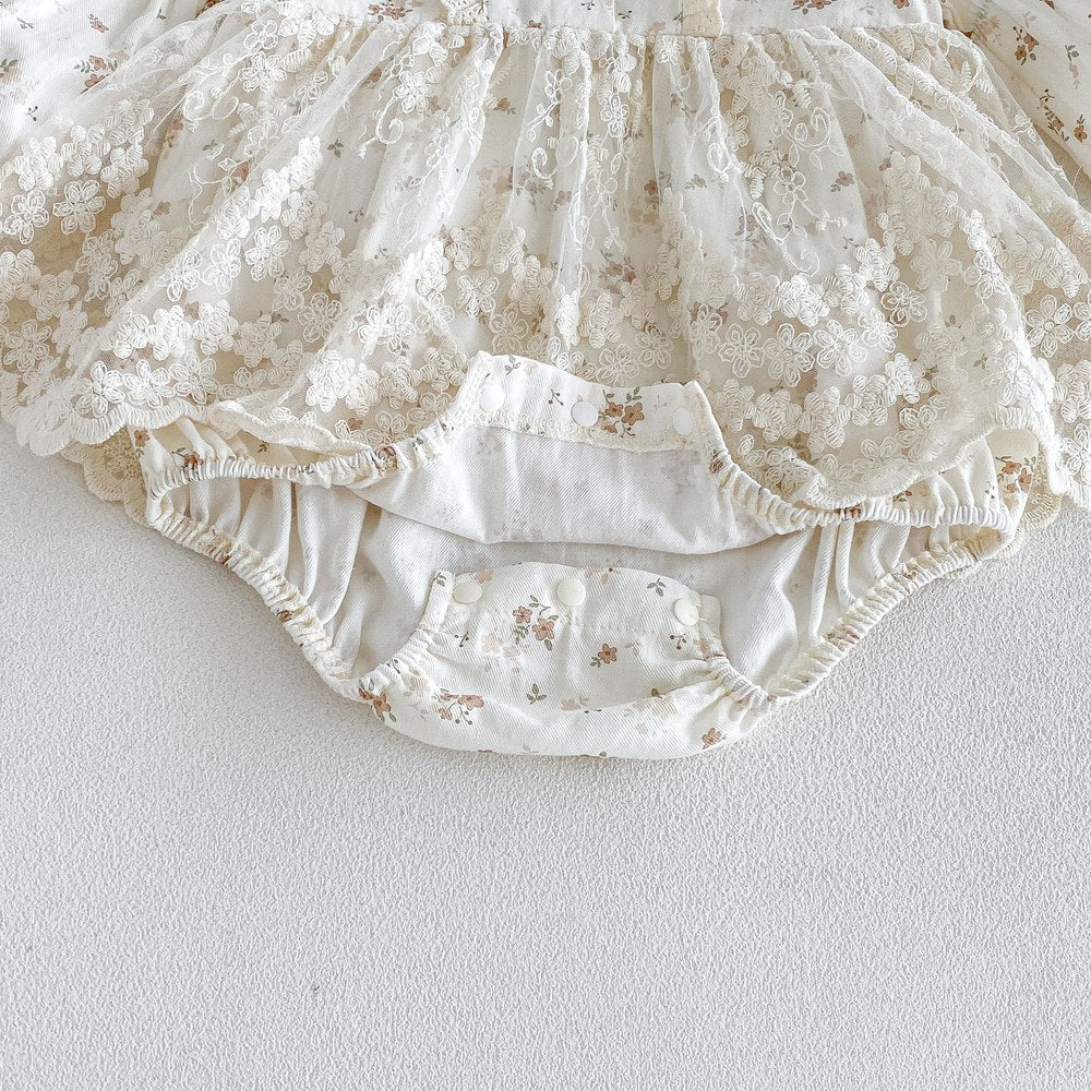 Baby Girls Long Sleeves Flowers Pattern Bodysuit Dress with Hat