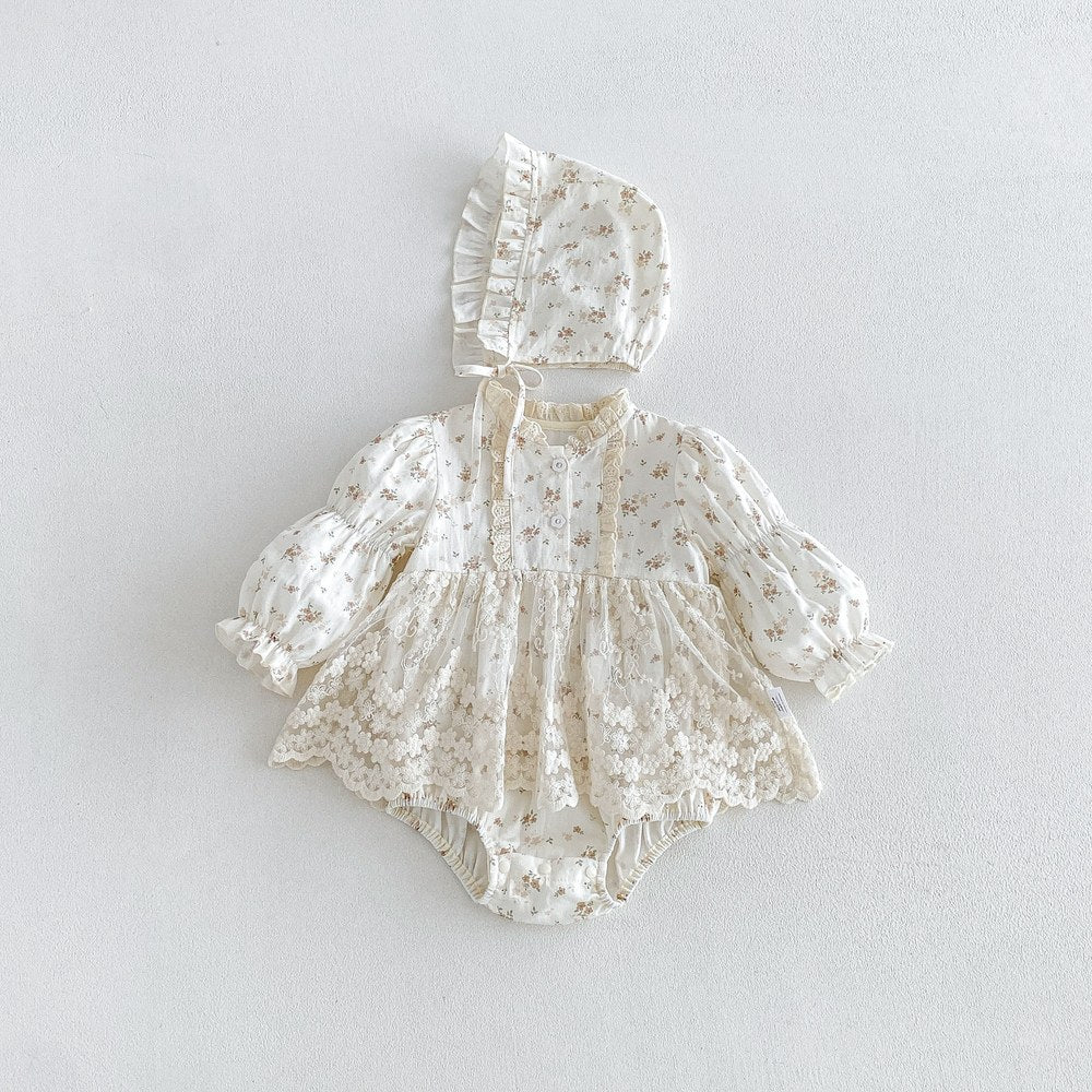 Baby Girls Long Sleeves Flowers Pattern Bodysuit Dress with Hat