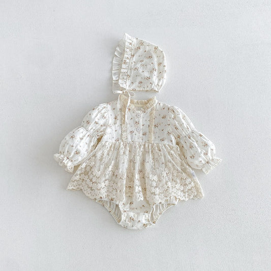 Baby Girls Long Sleeves Flowers Pattern Bodysuit Dress with Hat