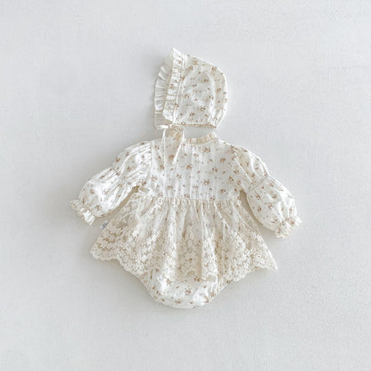Baby Girls Long Sleeves Flowers Pattern Bodysuit Dress with Hat