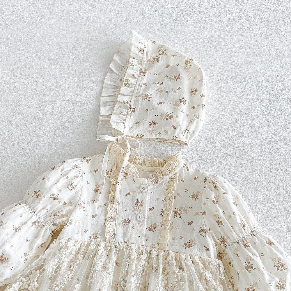 Baby Girls Long Sleeves Flowers Pattern Bodysuit Dress with Hat