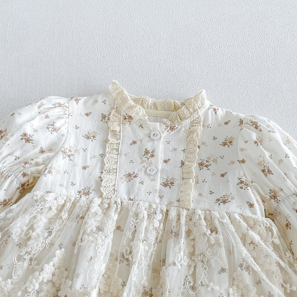 Baby Girls Long Sleeves Flowers Pattern Bodysuit Dress with Hat