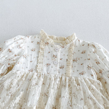Baby Girls Long Sleeves Flowers Pattern Bodysuit Dress with Hat