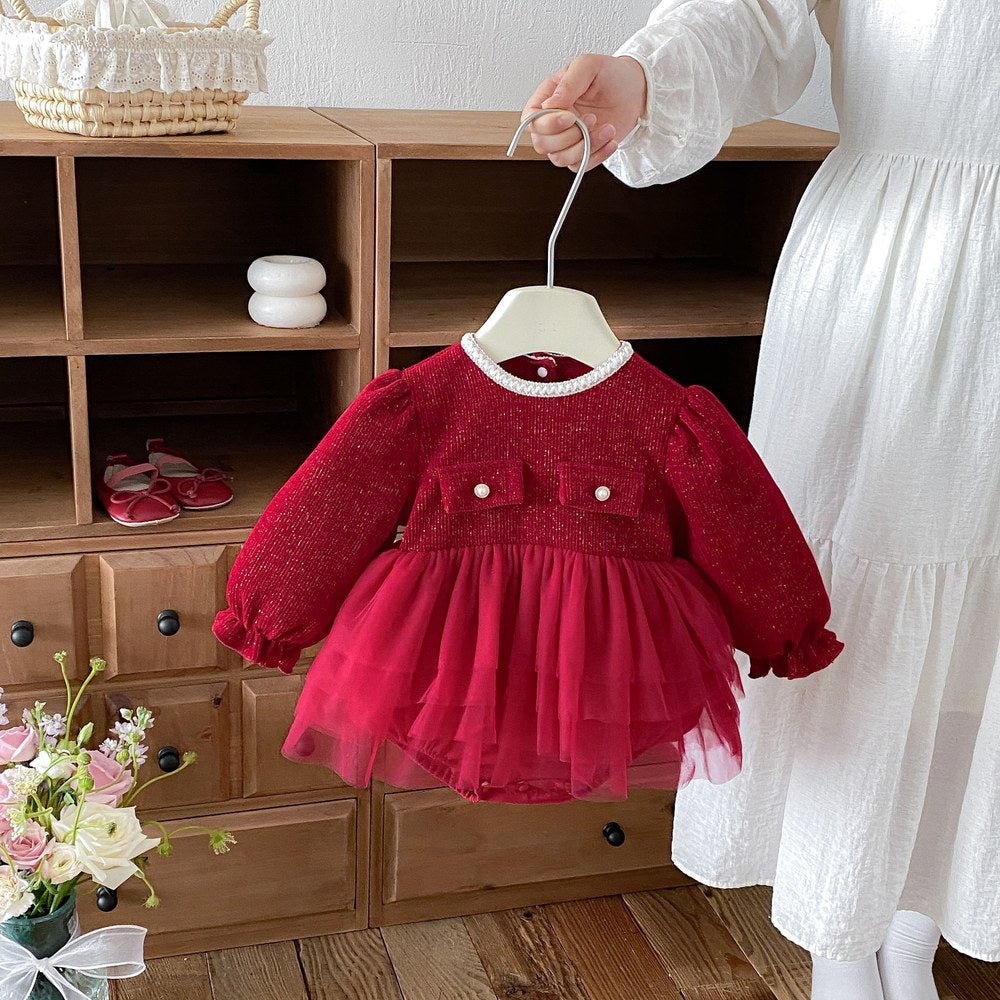 Baby Girls Long Sleeves Red Fashion Bodysuit Dress