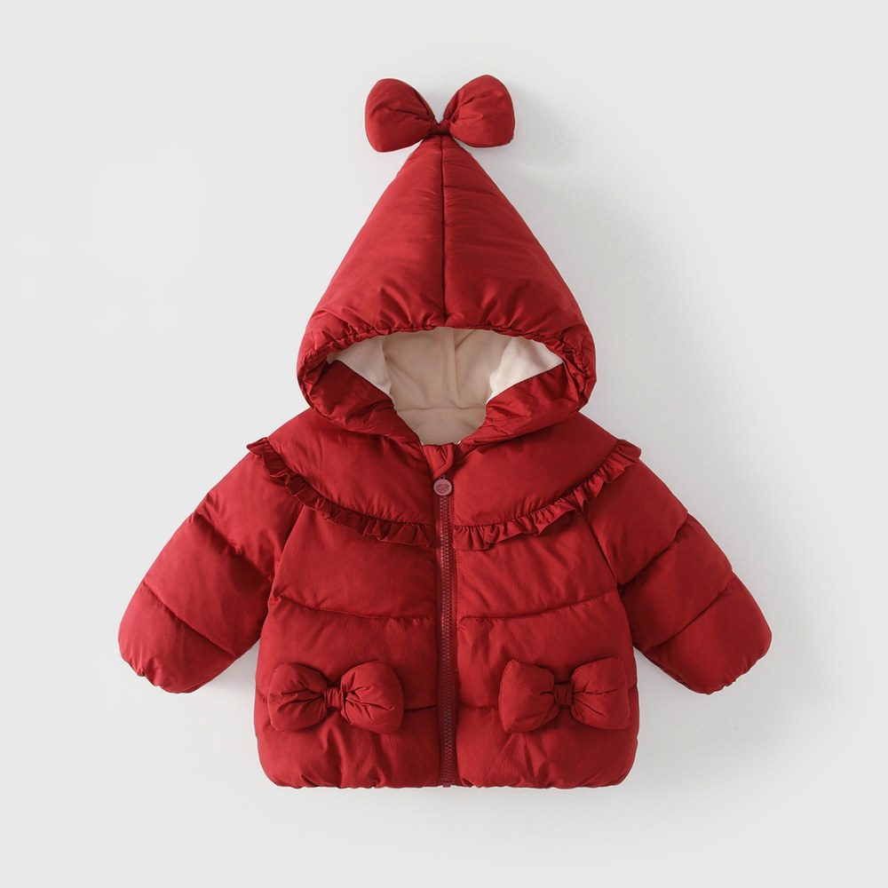 Girls' Solid Color Butterfly-bows Decorated Cotton-Padded Coat