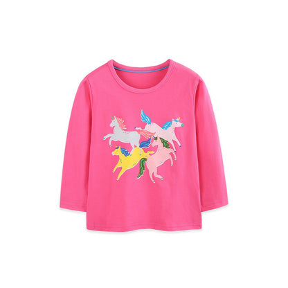 Kids Girls Unicorn Cartoon Pattern Crew Neck Long Sleeves Top