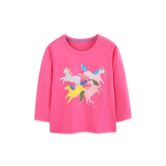 Kids Girls Unicorn Cartoon Pattern Crew Neck Long Sleeves Top