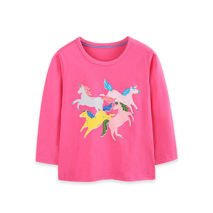 Kids Girls Unicorn Cartoon Pattern Crew Neck Long Sleeves Top