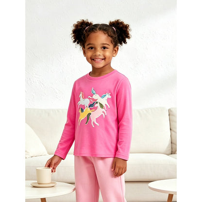 Kids Girls Unicorn Cartoon Pattern Crew Neck Long Sleeves Top