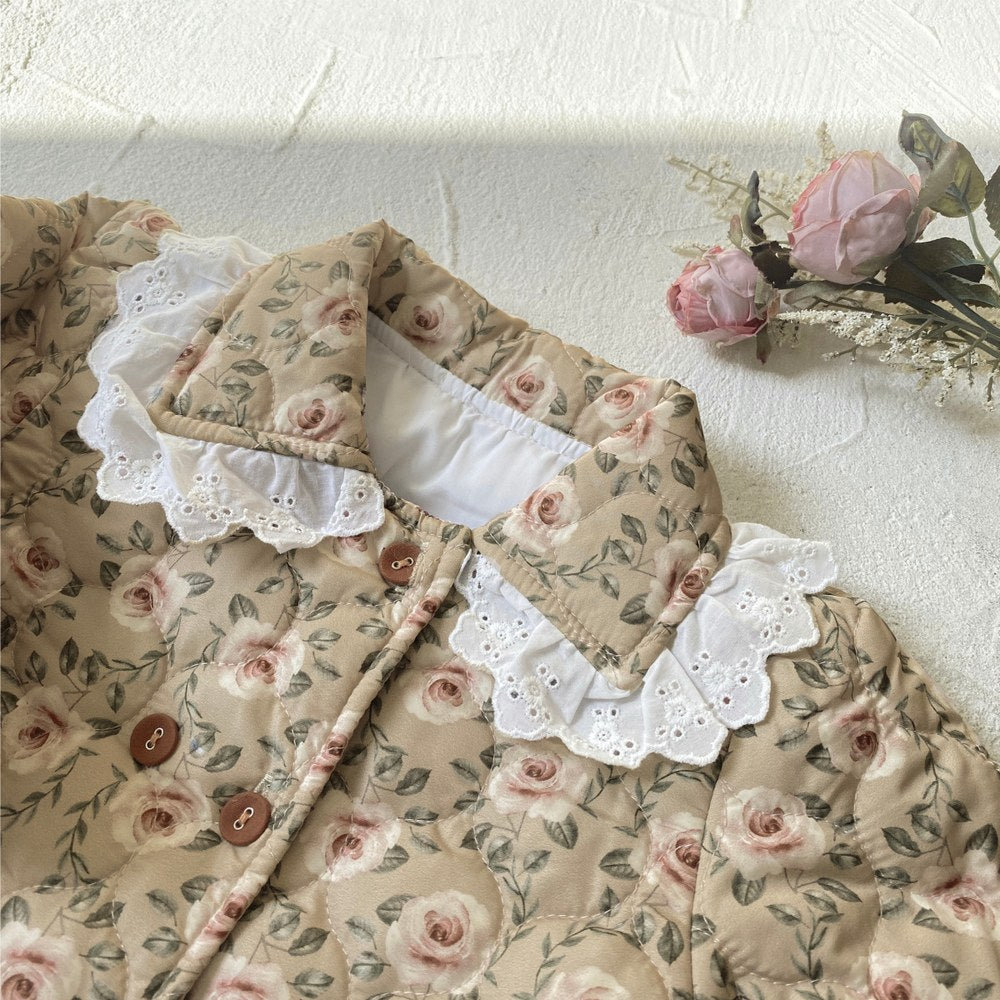 Girls' Floral Lace Trim Cotton-Padded Coat