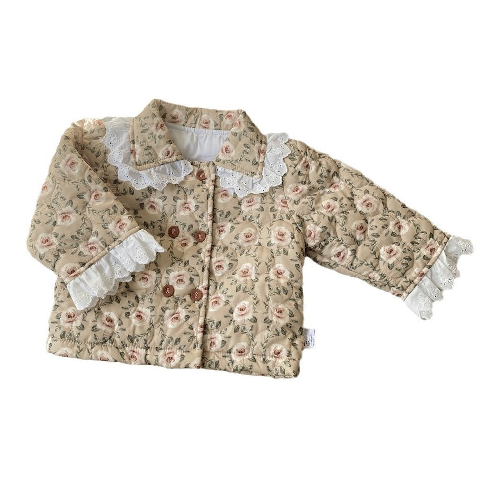 Girls' Floral Lace Trim Cotton-Padded Coat
