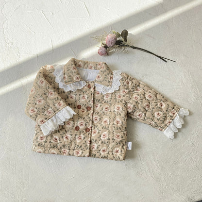 Girls' Floral Lace Trim Cotton-Padded Coat