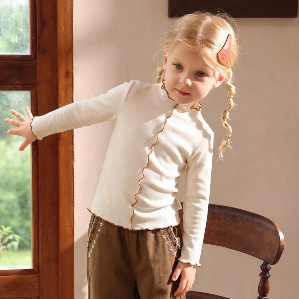 Girls Mock Neck Ear-Lace Ruffle Long Sleeve Top
