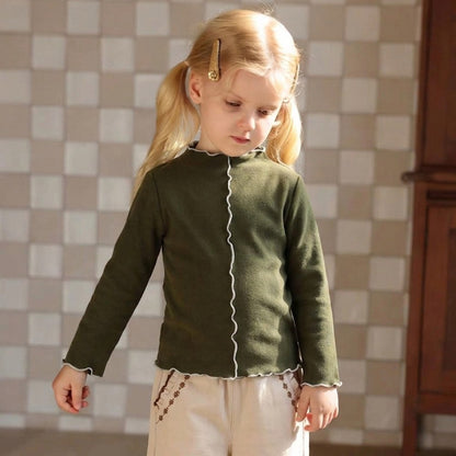 Girls Mock Neck Ear-Lace Ruffle Long Sleeve Top