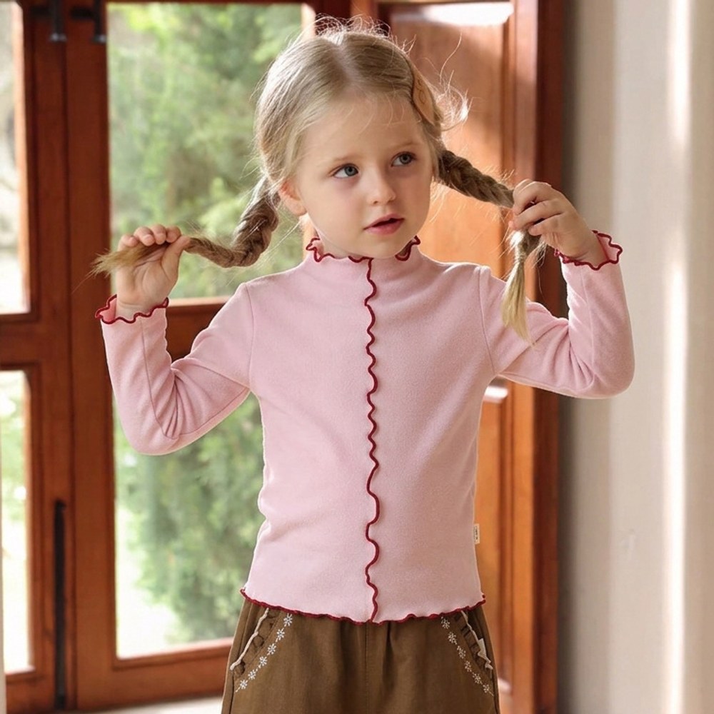 Girls Mock Neck Ear-Lace Ruffle Long Sleeve Top