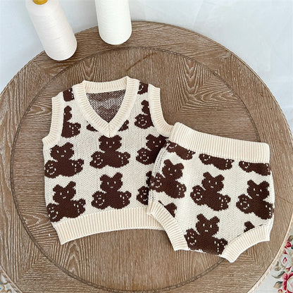 Baby Kids Sleeveless V Neck Vest and Shorts 2-piece Knitting Clothing Set