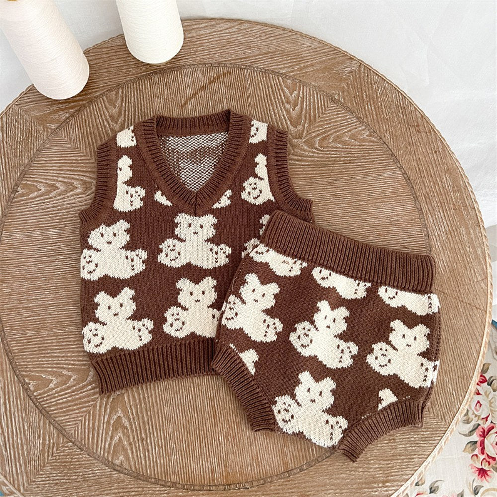 Baby Kids Sleeveless V Neck Vest and Shorts 2-piece Knitting Clothing Set