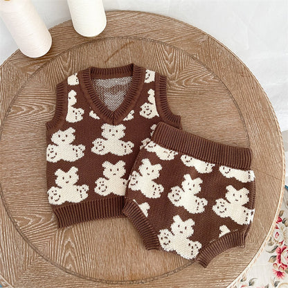 Baby Kids Sleeveless V Neck Vest and Shorts 2-piece Knitting Clothing Set