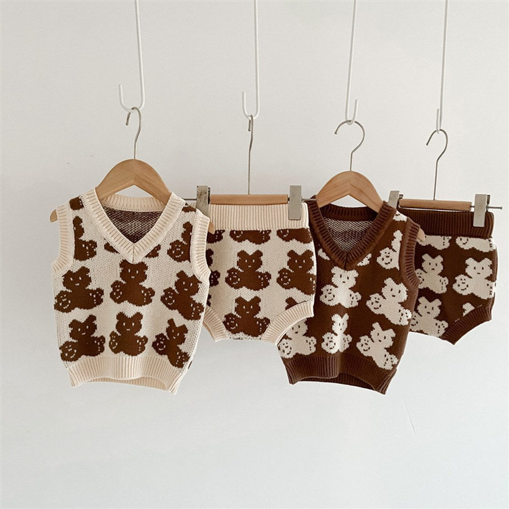 Baby Kids Sleeveless V Neck Vest and Shorts 2-piece Knitting Clothing Set