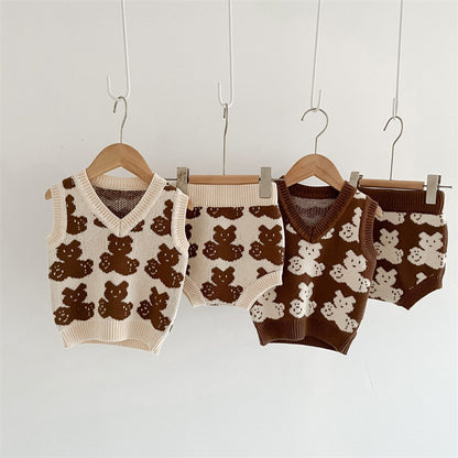 Baby Kids Sleeveless V Neck Vest and Shorts 2-piece Knitting Clothing Set