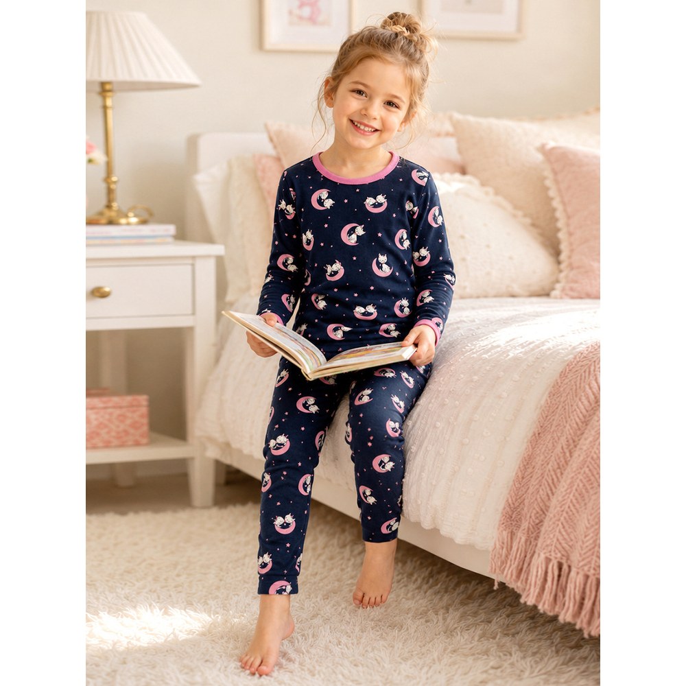 Baby Kids Girls Cartoon and Moons Pattern Long Sleeves Top and Pants 2-piece Clothing Set