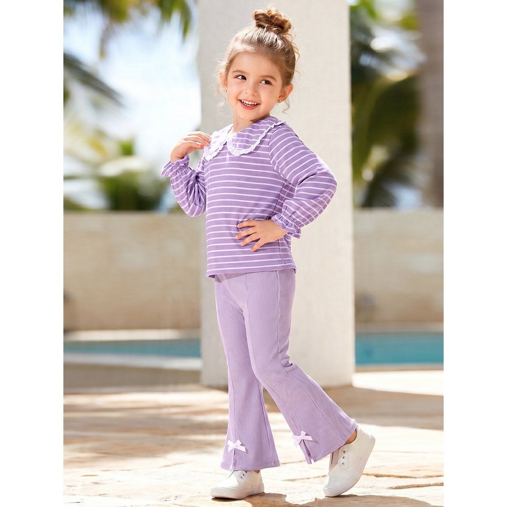 Baby Kids Girls Striped Long Sleeves Sweatshirt and Flared Pants 2-piece Clothing Set