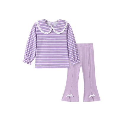 Baby Kids Girls Striped Long Sleeves Sweatshirt and Flared Pants 2-piece Clothing Set