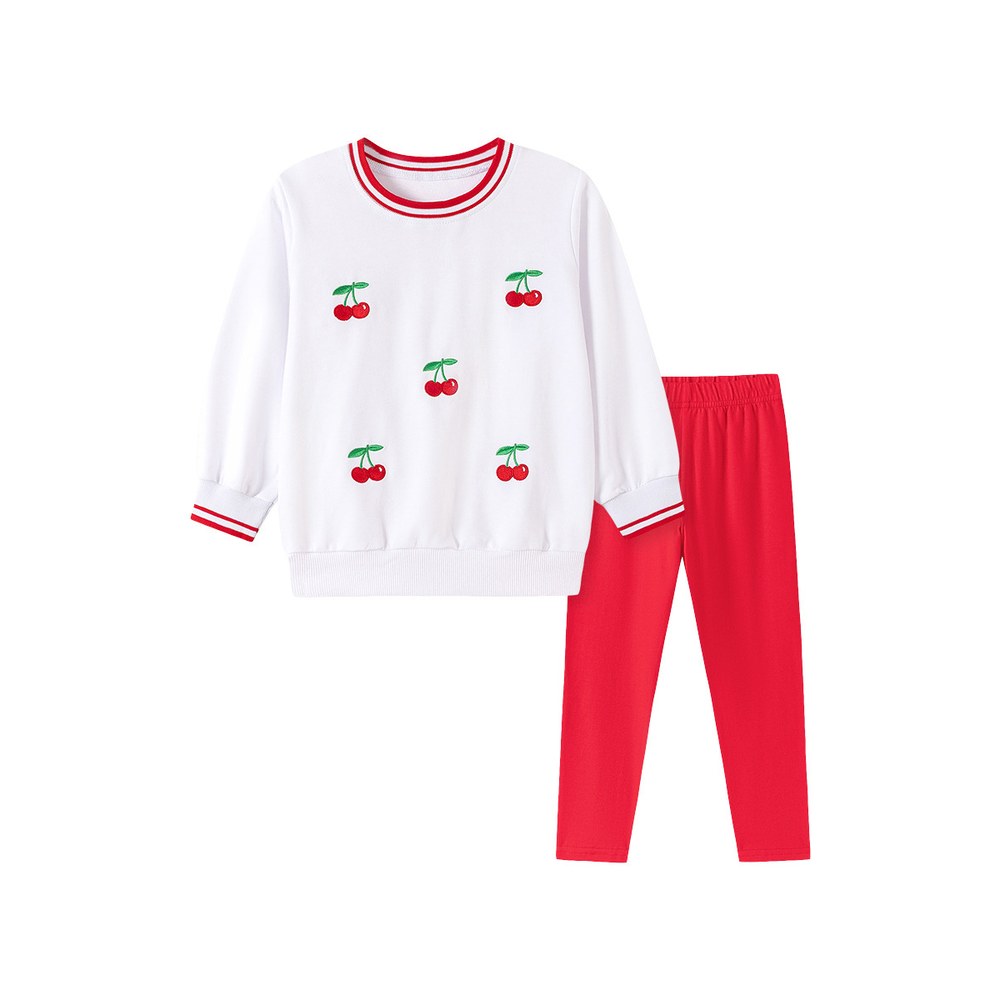 Baby Kids Girls Cherry Pattern Long Sleeves Sweatshirt and Red Pants 2-piece Clothing Set