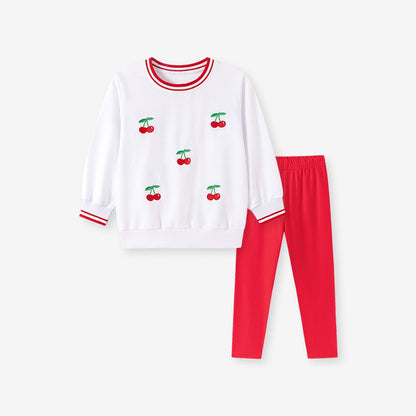 Baby Kids Girls Cherry Pattern Long Sleeves Sweatshirt and Red Pants 2-piece Clothing Set