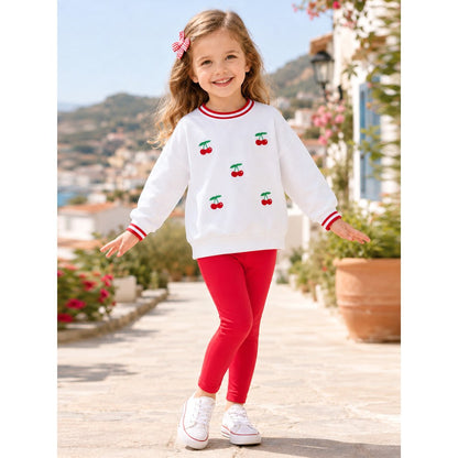 Baby Kids Girls Cherry Pattern Long Sleeves Sweatshirt and Red Pants 2-piece Clothing Set